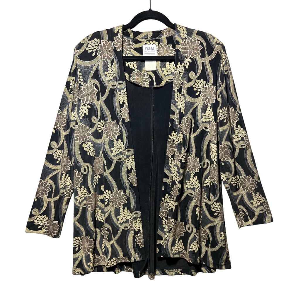 Vintage R&M Richards Floral Scroll Open Front Jacket Top Black Gold Size 10